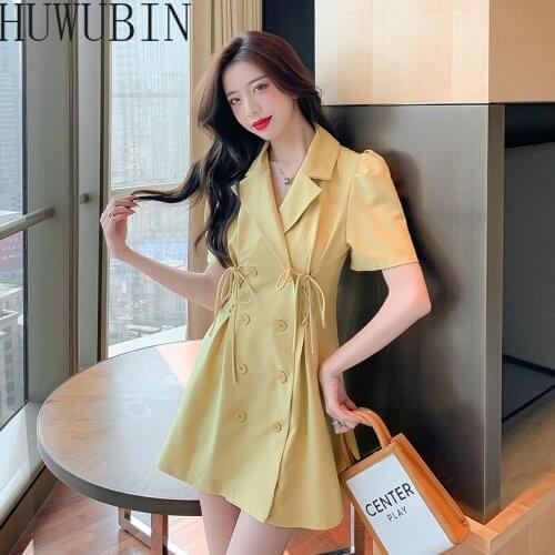 French New Korean Edition Suit Collar 2021Temperament Suit Skirt Womens Drawstring Waist Double Breasted Slim Fitting Dress