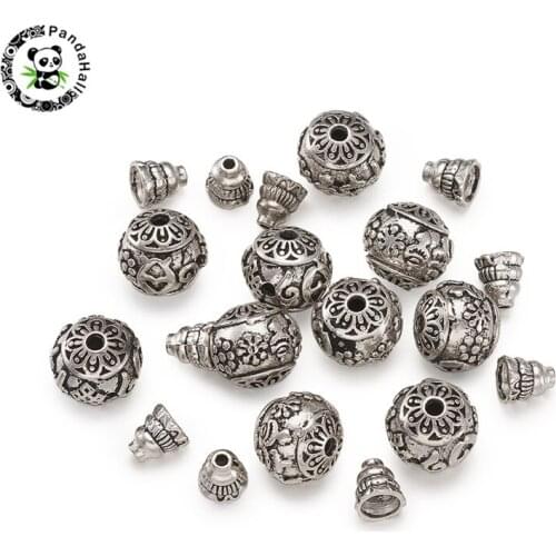 Pandahall 10Sets Vintage Buddha Style 3-Hole Round Beads and Gourd Brass Beads Sets for Buddha DIY Jewelry Making Silver Color