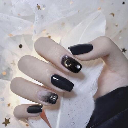 24pcs Long Square Black Fake Nails Star Moon Design Press On False Nails Graffiti Style Korean Manicure Removable Glue Nail Art