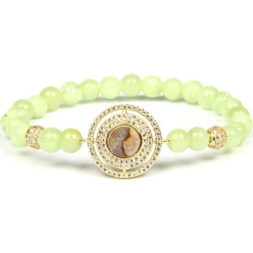 Ailatu Summer Green Stone with Clear Cz Natural Abalone Stone Rould Eye Beaded Bracelet