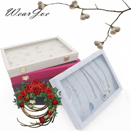 Free shipping High Quality Pendant Necklace Storage Box Showcase 35*24cm With Clear Glass Lid Jewelry Display Velvet Casket Box