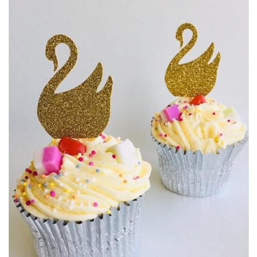 Glitter gold Swan wedding princess birthday cupcake toppers baby shower party decoration doughnut food picks
