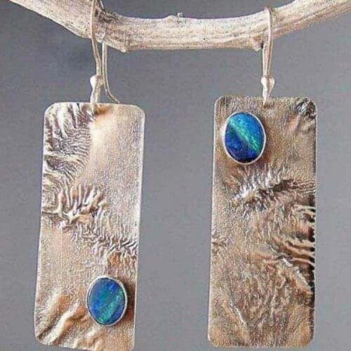 Bohemian Long Earrings for Women Vintage Jewelry Blue Stone Indian Nation Earrings Antique Silvery Drop Earrings