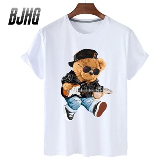 100% Cotton Play Guitar Bear Print Short-sleeved T-shirt Womens Half-sleeved Summer Casual Oversized T-shirt Ladies Shirt S-4XL