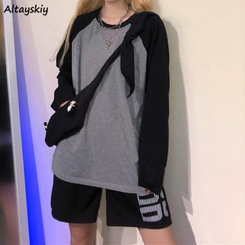 T-shirts Women Student Casual All-match Chic Loose Cozy Fashion Korean Style Unisex Spring Ropa Round Neck Patchwork Full Sleeve