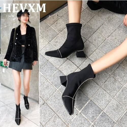 HEVXM Teahoo Slim Stretch Ankle Boots for Women Pointed Toe Sock Boots Square High Heel Boots Shoes Woman Fashion Bota Feminina