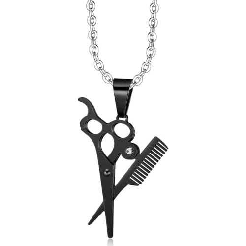 Hip Hop Comb Gold Black Plated Scissor & Comb Crystal Pendants Necklace Cute Gift For Hairdresser Women Men Jewelry