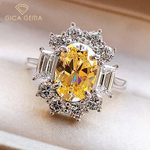 GICA GEMA Real 925 Sterling Silver Rings For Women Girl Oval Created Diamond Zircon 7*10 Yellow Gemstone Wedding Promise Jewelry
