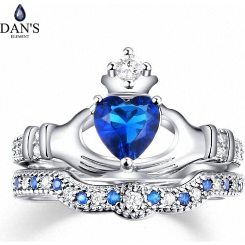 DANS ELEMENT Blue Crystal love Heart AAA Cubic Zirconia Crown Wedding Ring Sets For Women Silver Color Wholesale Hot New DER616
