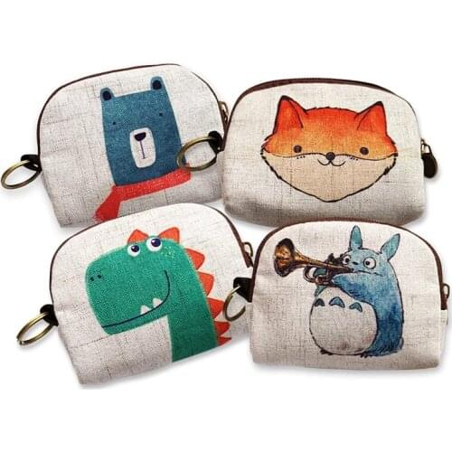 Cute Animal Canvas Coin Purse Short Shell Wallet Women Key Card Bag Kids Cartoon Totoro Fox Bear Dinosaur Small Change Purses