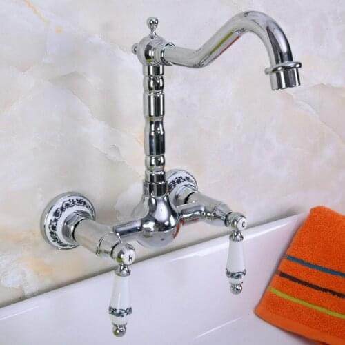 Polished Chrome Brass Wall Mounted Double Ceramic Handles Levers Bathroom Kitchen Sink Faucet Mixer Tap Swivel Spout anf964