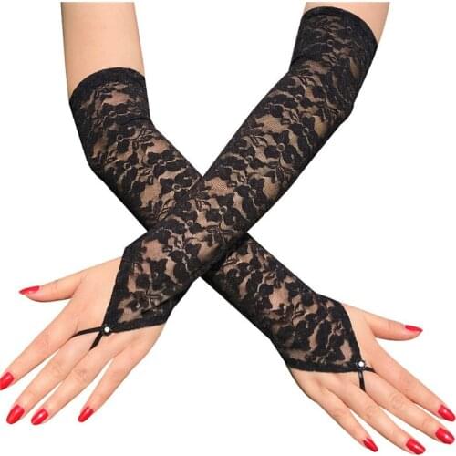 1 Pairs Sexy Floral Print Mittens Fingerless Gloves Women Stretch Long Hook Finger Bright Diamond Lace Gloves Arm Elbow Gloves