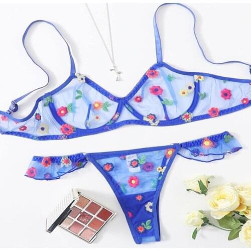 Sexy Transparent Bra Set Woman 2 Pieces Underwear Set Sexy Lingerie Set Floral Brief Sets Underwire Bra Laungerie Sexy Lingerie