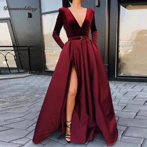 Vintage Satin Evening Dresses Side Split Long Sleeve V-Neck Zipper Satin Sashes Prom Dress Girl Party Dresses Floor-Length