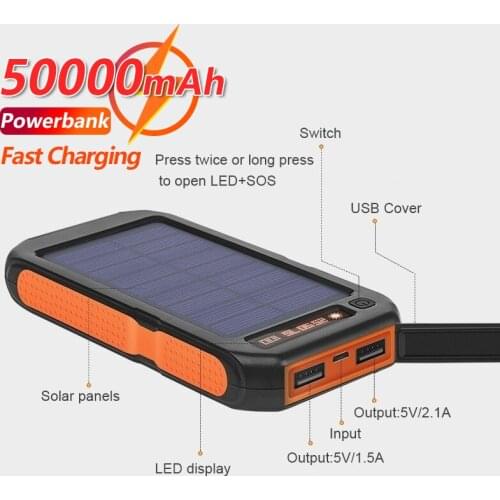 50000mAh Solar Waterproof Power Bank with 2 USB LED Flashlight Outdoor Emergency Backup Battery Portable Charger Mobile Power
