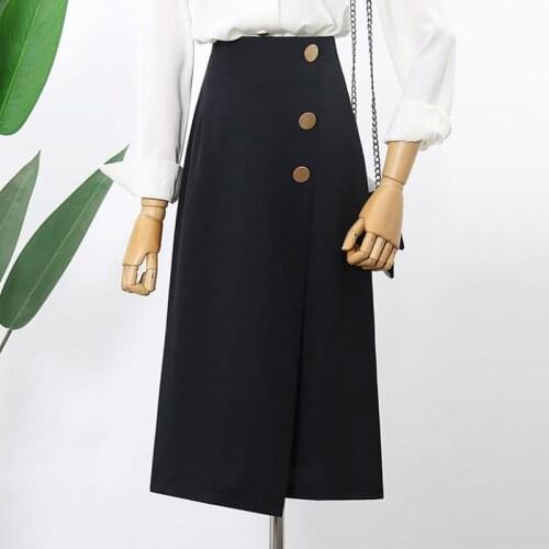 2021 High Waist Women Skirt Casual Plus Size Vintage Black Buttons A-line Midi Skirts Fashion Simple Saia Mujer Faldas Y418