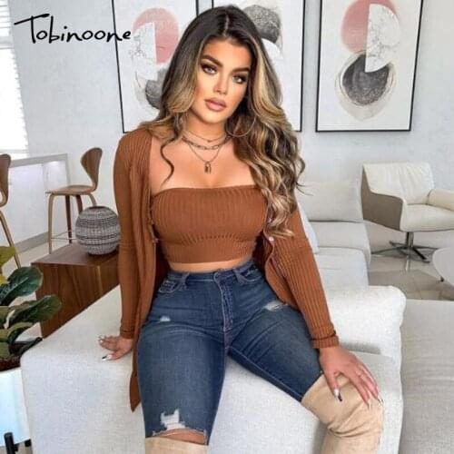 Tobinoone Button Coat And Strapless Crop Top Sets Women Autumn Long Sleeve Casual 2 Piece Sets Solid V Neck Sexy Two Piece Set