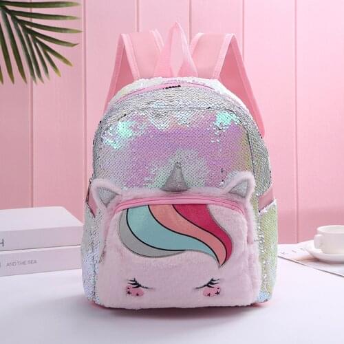 Girl Fur Preppy Style Unicorn Schoolbag Student Cartoon Sequin School Backpack Women PU Color Zipper Large Glittering Plush Bag