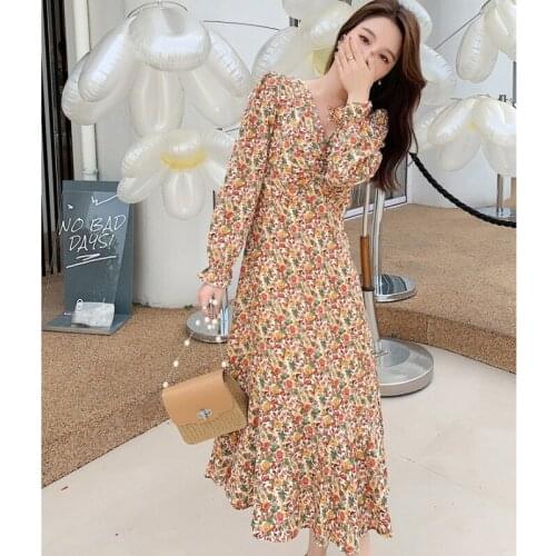 New Women Elegant Vintage Flower Printted V-Neck Ruffles Mermaid Autumn Full Sleeve Slim Bodycon Mid Long Dresses Vestidos