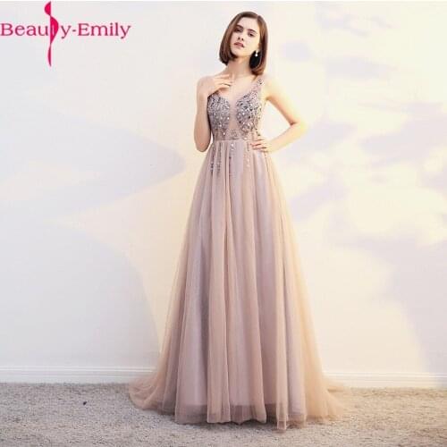 Beauty Emily Romantic V Neck Heavy Beaded Tulle Evening Dress with High Split 2020 Sexy Open Back Special Occasion Dress