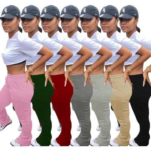 Winter Velvet thicken Women Stacked Pants Joggers Pleated With Pocket Drawstring Sweatpants Clothes For Women