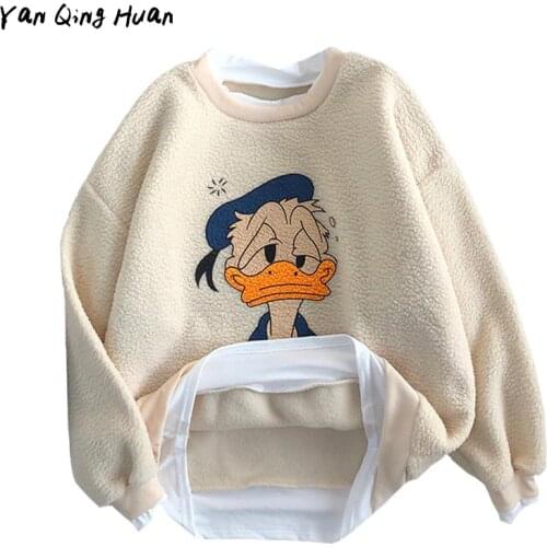 Winter Fake Two-piece Hoodie Womens Korean Version Of Lamb Cashmere Cartoon Animal Harajuku Loose Sweatshirt Tops Sportswear