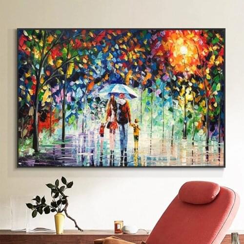 100% Hand Painted Abstract Families Walking Ln The Rain With Umbrella Oil Painting On Canvas Handmade Wall Art For Home Decor