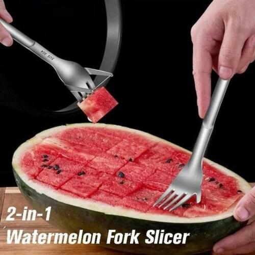 2 In 1 Stainless Steel Watermelon Slicer Melon Cutter Fruit Fork Watermelon Fork Divider Fruit Fork Kitchen Accessories