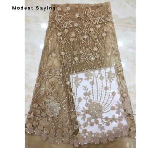 2 Yards Chocolate African Sequined Lace Fabrics for Evening Dress 2019 Embroidered Mesh Nigerian Party Prom Tulle Lace Material