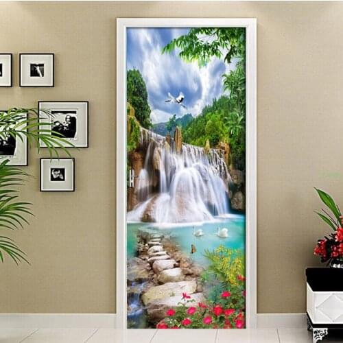 3D Beautiful Mountain Waterfall Door Sticker Living Room Bedroom Self-Adhesive Waterproof Mural Wallpaper For Walls 3 D Sticker