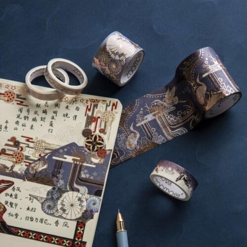 5 Rolls Gold Stamping Vintage Washi Tape Set Dragon Crane Flowers Decorative Masking Tape for Journaing DIY Diary Scrapbooking