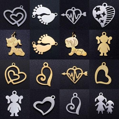 5pcs/lot Family Mom Boy Girl DIY Charms Wholesale 100% Stainless Steel Baby Foot Mother Day Connectors Charm Heart Pendant