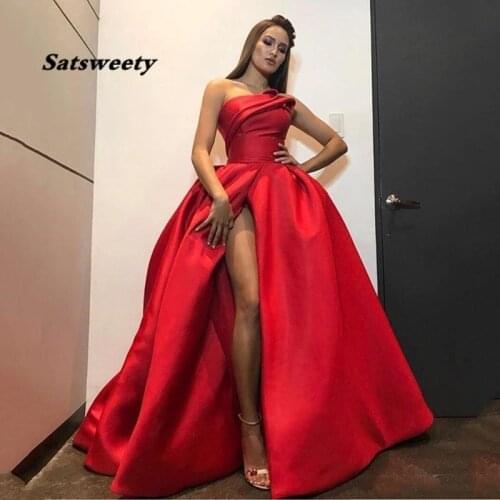 Satin Evening Dresses A Line Arabic Pageant Celebrity Gowns 2021 Sexy High Split Strapless Women Prom Dress