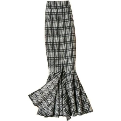 Plus size 4XL!autumn winter vintage plaid woolen trumpet skirt women high waist package hip trumpet skirt