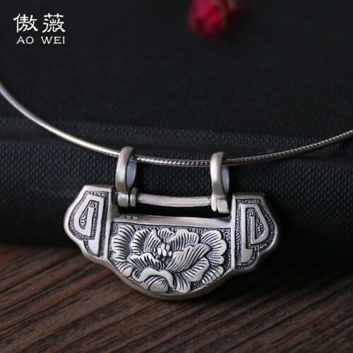 Full silver long life peace wealth lock sterling silver pendant female retro necklace silver collar choker
