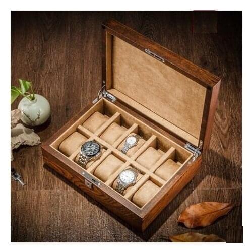 Luxury10-solt Old Elm Pure Solid Wood Skylight With lock Watch Box Mechanical watch display Jewelry storage box for homeMSBH009