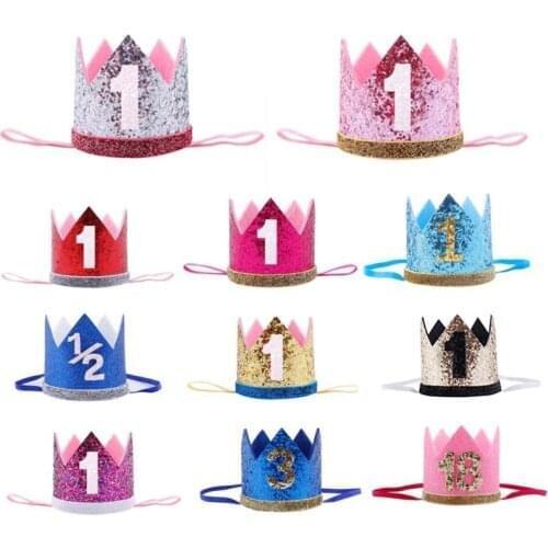 Cute Baby Birthday Party Cap Boys Girls Priness Crown Number 1st 2 3 Year Old Party Hat Glitter Birthday Headband Shower