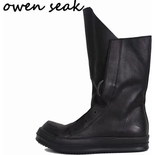 Owen Seak Men Casual Shoes High-TOP Handmade Classics Boots Luxury Trainers Genuine Leather Lace-up Zip Flats Black Sneakers