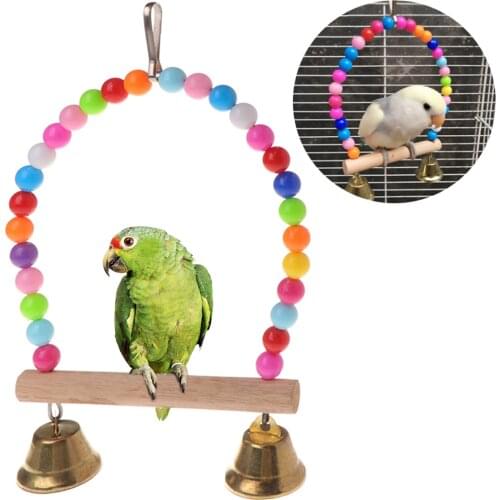 Natural Wooden Birds Perch Parrots Hanging Swing Cage With Colorful Beads Bells