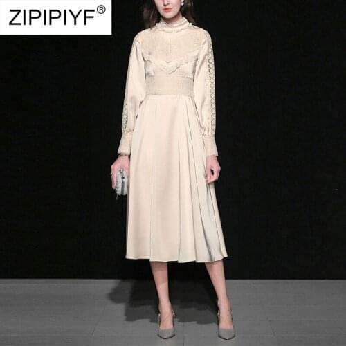 Apricot Turtleneck Collar Casual Dress Women 2020 Spring High Waist Long sleeve A Line Frill Lace Midi Dresses