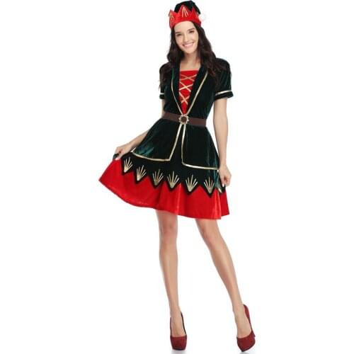Deluxe Green And Red Christmas Dress High Quality Sexy Santa Costume Women Mrs Christmas New Year Party Wear Suit Hat and Belt