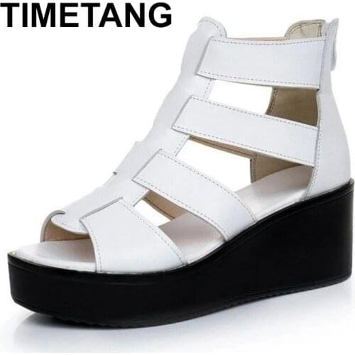 TIMETANG Women Sandals Wedges Heels Genuine Leather Peep Toe Summer Fashion Female Gladiator Sandals Platform Shoes Woman