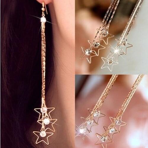 Gold Silver Color Rhinestone Earings Pentacle Drop Earrings Chain Tassels Dangle Earrings For Women Girls Fashion Party Jewelry