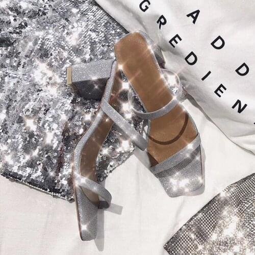 2020 New Women Fashion Slippers High Heels Sandals Slides Bling Square Toe Mules Shoes Woman Summer Slides Ladies Slippers