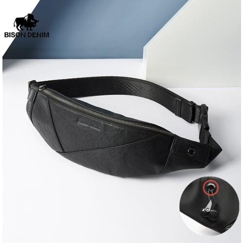 BISON DENIM Genuine Leather fanny pack men designer Solid waist bag men waterproof Packs Fashion Chest Bags Purse N20145-1B