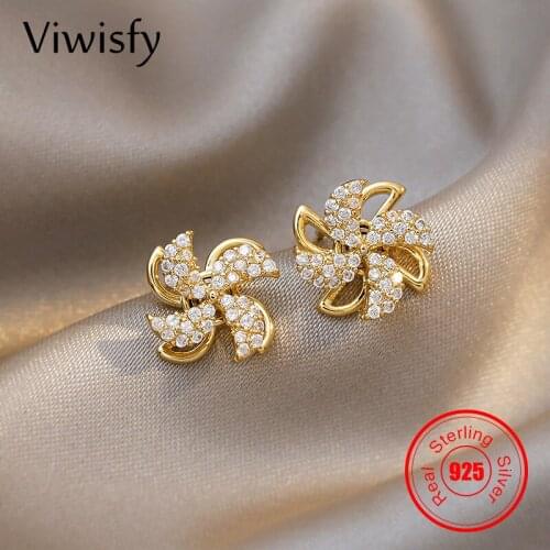 Viwisfy Rotatable Windmill 18K Gold Solid 925 Sterling Silver Stud Earrings Woman Cute Crystal Jewelry Gift For Girl VW21423
