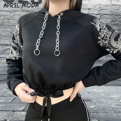2021 Dragon Print Vintage Black Hoodie Harajuku Punk Metal Chain Patchwork Hooded Hoodies Women Streetwear Bandage Cropped Tops