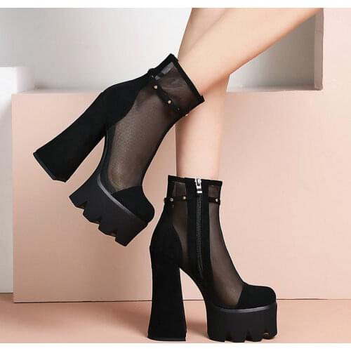 2021 New Super High Heel Fashion Net Boots Women Flock Platform Zipper Ankle Boots Spring Summer Thick Heel Round Toe Boots