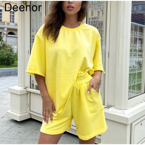 Deenor 2021 Womens Summer Suit Two Pieces Sets Solid Fashion Short Sleeve Casual Home Wear Sport Fitness Outfit Femme
