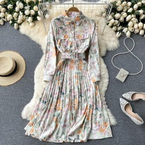 Long Sleeve Women Dress 2021 Boho Floral Print Single Breasted Midi Shirt Dress Turn Down Collar Belted Elegant Pleated Dress